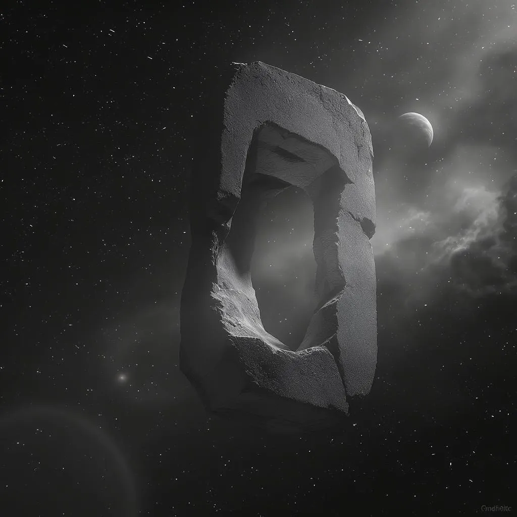 Monolith Drift style - stark monochrome depiction of a floating stone structure against a cosmic backdrop, evoking mystery.