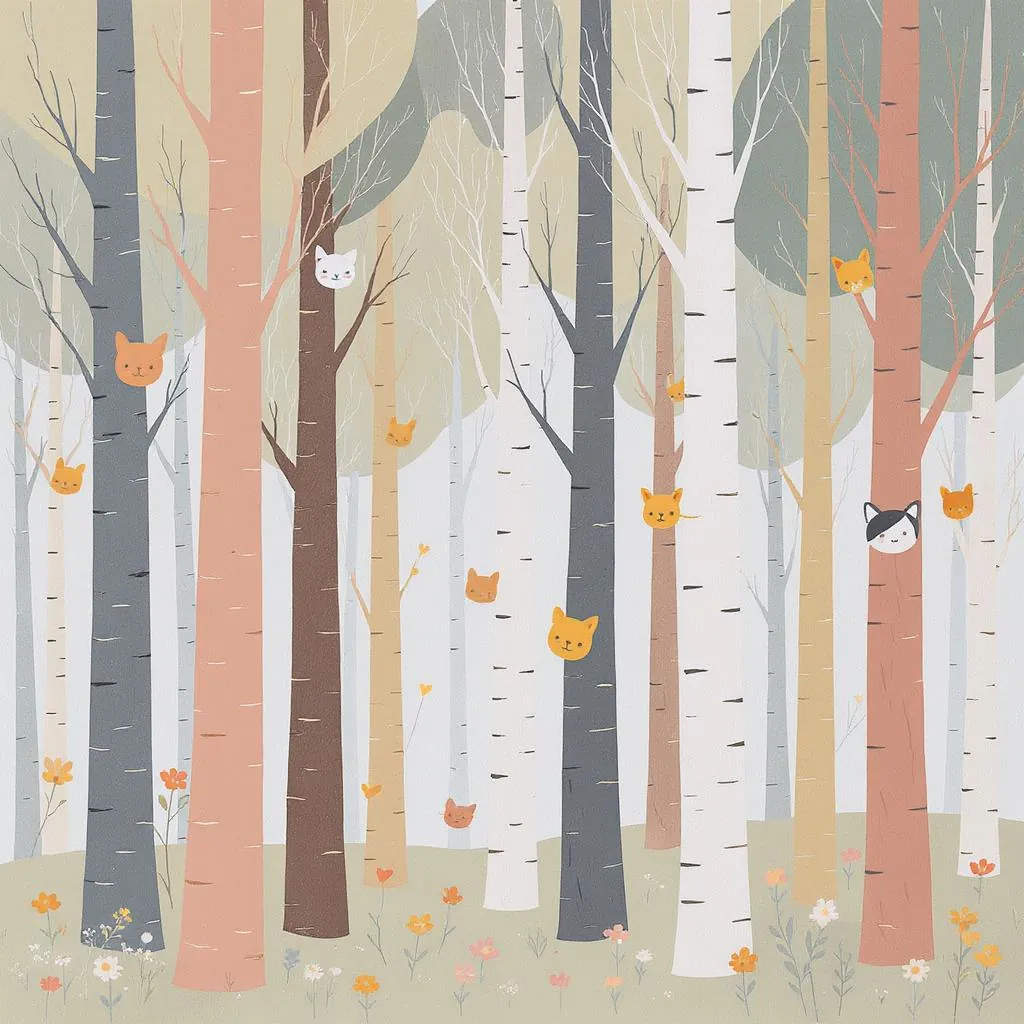 Soft Retro Patternscape style - whimsical forest scene with stylized trees and playful animal faces in soft pastel hues.
